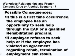 Workplace Relationships and Proper
     Conduct, Drug or Alcohol, Scenario 17

      Possible Consequences:
      •If this is a first time occurrence,
       the employee has an
       opportunity to seek help
       through the EAP or a qualified
       Rehabilitation program.
      •If employee refuses to seek
       help or if the employee has
       violated an agreement
       regarding rehab, termination of
66
       employment can result.
 