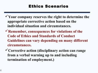 Ethics Scenarios

     Your company reserves the right to determine the
      appropriate corrective action based on the
...