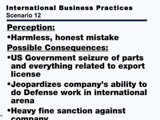 International Business Practices
     Scenario 12

     Perception:
     •Harmless, honest mistake
     Possible Consequen...