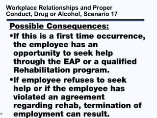 Workplace Relationships and Proper
     Conduct, Drug or Alcohol, Scenario 17

      Possible Consequences:
      •If this...
