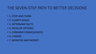 THE SEVEN-STEP PATH TO BETTER DECISIONS
• 1. STOP AND THINK
• 2. CLARIFY GOALS
• 3. DETERMINE FACTS
• 4. DEVELOP OPTIONS
• 5. CONSIDER CONSEQUENCES
• 6. CHOOSE
• 7. MONITOR AND MODIFY
 