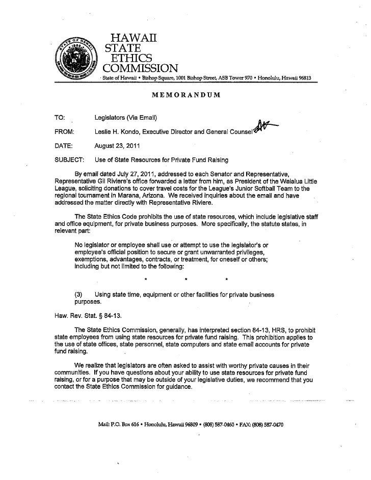 Hawaii State Ethic memo re: private fundraising