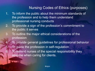 Nursing Codes of Ethics (purposes)
1. To inform the public about the minimum standards of
the profession and to help them understand
professional nursing conducts
2. To provide a sign of the profession‟s commitment to
the public it serves
3. To outline the major ethical considerations of the
profession
4. To provide general guidelines for professional behavior
5. To guide the profession in self-regulation
6. To remind nurses of the special responsibility they
assume when caring for clients.
#mjcn
 