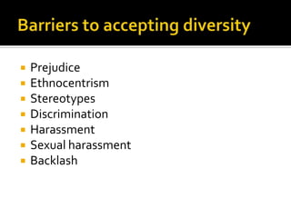    Prejudice
   Ethnocentrism
   Stereotypes
   Discrimination
   Harassment
   Sexual harassment
   Backlash
 