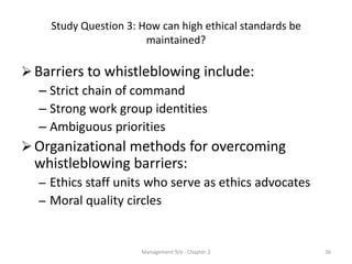 Study Question 3: How can high ethical standards be
                       maintained?

 Barriers to whistleblowing include:
   – Strict chain of command
   – Strong work group identities
   – Ambiguous priorities
 Organizational methods for overcoming
 whistleblowing barriers:
  – Ethics staff units who serve as ethics advocates
  – Moral quality circles


                      Management 9/e - Chapter 2          36
 