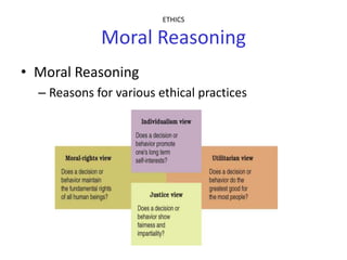 ETHICS

             Moral Reasoning
• Moral Reasoning
  – Reasons for various ethical practices
 