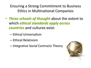 Ensuring a Strong Commitment to Business
      Ethics in Multinational Companies
• Three schools of thought about the extent to
  which ethical standards apply across
  countries and cultures exist:
  – Ethical Universalism
  – Ethical Relativism
  – Integrative Social Contracts Theory
 