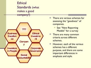 Ethical Standards  (what makes a good company?) There are various schemes for assessing the “goodness” of companies. See “New Reporting Models” for a survey There are many common criteria across different schemes. However, each of the various schemes has a different purpose, and there are some important differences in emphasis and style. Company Ethical Investment Corporate Governance Social Accountability Investors in People Business Excellence ??? 