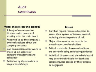 Audit committees Who checks on the Board? A body of non-executive directors with powers of scrutiny over the main board Reported to by the company’s external auditors about the company accounts Can commission other work to check up on aspects of company management and behaviour Relied on by shareholders to keep a watchful eye Issues Turnbull report requires directors to assess their system of internal control, including the management of risk Major risks must be declared in the annual report to shareholders Ethical standards of external auditors are currently being seriously questioned Individual directors and the whole board may be criminally liable for death and serious injuries caused by their actions or negligence 