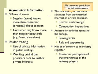 Moral Hazard Asymmetric Information Differential access Supplier (agent) knows more than consumer (principal) about solution Consumer may know more than supplier about risk (e.g. financial services) Insider trading Use of private information in public dealings Working behind the principal’s back to further private interests Moral Hazard The temptation to take unfair advantage from asymmetrical information or role confusion. Redress and revenge Competition imperatives An issue for both the agent and the principal Bearing limits Risk and opportunity May be of concern to an industry regulator Consumer perception of trustworthiness of the industry players My chance to profit from this will come around 