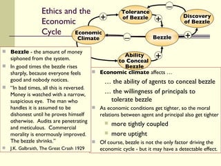 Ethics and the  Economic Cycle Economic climate  affects … …  the ability of agents to conceal bezzle …  the willingness of principals to tolerate bezzle As economic conditions get tighter, so the moral relations between agent and principal also get tighter more tightly coupled more uptight Of course, bezzle is not the only factor driving the economic cycle - but it may have a detectable effect. Bezzle  - the amount of money siphoned from the system.  In good times the bezzle rises sharply, because everyone feels good and nobody notices. “ In bad times, all this is reversed.  Money is watched with a narrow, suspicious eye.  The man who handles it is assumed to be dishonest until he proves himself otherwise.  Audits are penetrating and meticulous.  Commercial morality is enormously improved.  The bezzle shrinks.” J.K. Galbraith, The Great Crash 1929 Discovery of Bezzle Tolerance of Bezzle Bezzle + + Economic Climate + Ability to Conceal  Bezzle – + – + 