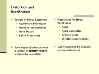Distortion and Rectification Sources of Ethical Distortion Asymmetric Information Incentive Incompatibility Moral Hazard Risk & Trust issues Some degree of ethical distortion is inherent in  agency theory , and probably unavoidable. Mechanisms for Ethical Rectification Audit Audit Committee Chinese Walls Director Share Options Such mechanisms are unreliable, and are easily abused. 