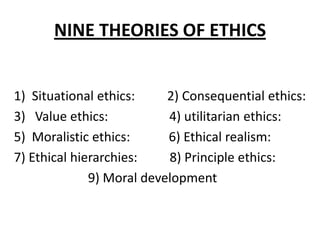 NINE THEORIES OF ETHICS
1) Situational ethics:
2) Consequential ethics:
3) Value ethics:
4) utilitarian ethics:
5) Moralistic ethics:
6) Ethical realism:
7) Ethical hierarchies:
8) Principle ethics:
9) Moral development

 