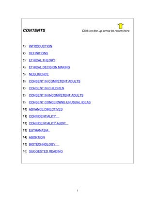 CONTENTS

Click on the up arrow to return here

1)

INTRODUCTION

2)

DEFINITIONS

3)

ETHICAL THEORY

4)

ETHICAL DECISION MAKING

5)

NEGLIGENCE

6)

CONSENT IN COMPETENT ADULTS

7)

CONSENT IN CHILDREN

8)

CONSENT IN INCOMPETENT ADULTS

9)

CONSENT CONCERNING UNUSUAL IDEAS

10) ADVANCE DIRECTIVES
11) CONFIDENTIALITY
12) CONFIDENTIALITY AUDIT
13) EUTHANASIA
14) ABORTION
15) BIOTECHNOLOGY
16) SUGGESTED READING

1

 