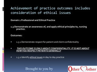 Achievement of practice outcomes includes
consideration of ethical issues
Domain 1 Professional and Ethical Practice
1.3 Demonstrate an awareness of, and apply ethical principles to, nursing
practice.
Outcomes:
 1.3.1 Demonstrate respect for patient and client confidentiality
 THIS OUTCOME IS ONLY ABOUT CONFIDENTIALITY. IT IS NOT ABOUT
HOWYOU RESPECT PATIENTS GENERALLY
 1.3.2 Identify ethical issues in day to day practice
Brought to you by
 