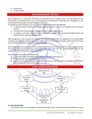 Identification of 
Evaluation of 
Risk 
Handling of 
Risk 
Implementation 
management 
decisions 
GOVIND KUMAR MISHRA govind@goacademy.in 
• Judicial risks 
• Insurance risks. 
RISK MANAGEMENT PROCESS 
Risk management is a structured, consistent and continuous process, applied across the organisation for the 
identification and assessment of risks, control assessment and exposure monitoring. Risk management is not 
just about preventing risks, but also managing it properly. 
The objectives of the Company’s risk management framework comprise the following: 
• To identify, assess, prioritise and manage existing as well as new risks in a planned and coordinated 
manner. 
• To increase the effectiveness of internal and external reporting structure. 
• To develop a risk culture that encourages employees to identify risks and associated opportunities and 
respond to them with appropriate actions. 
Risk management is not a process for avoiding risk. Properly implemented risk management can actively allow 
a company to undertake activities that have a higher level of risk thereby achieving a greater benefit because 
risks have been identified, understood and well managed. 
Risk management can be seen as a tool for creating opportunities for the businesses as they develop during the 
risk management process. Moreover such opportunities arise also from the complementary effect of risk 
management with other business planning process. 
Risk management provides a framework to: 
• ensure that all the foreseeable risks involved are actually understood and 
• accepted before important decisions are taken. 
• monitor new projects, and ongoing operations, to ensure that they continue to develop satisfactorily, 
and no problems or new risks emerge. 
STEPS IN RISK MANAGEMENT 
Corrective 
Action 
Monitor & 
Review 
(1) Risk Identification: 
Risk 
of risk 
Any business exists in an atmosphere of perpetual change. Hence, the process of risk identification must be 
 