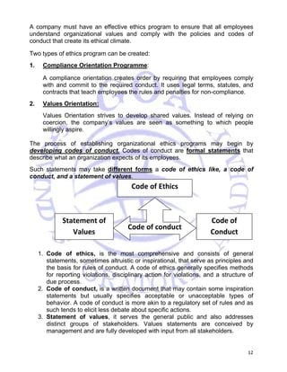 A company must have an effective ethics program to ensure that all employees 
understand organizational values and comply with the policies and codes of 
conduct that create its ethical climate. 
Two types of ethics program can be created: 
1. Compliance Orientation Programme: 
A compliance orientation creates order by requiring that employees comply 
with and commit to the required conduct. It uses legal terms, statutes, and 
contracts that teach employees the rules and penalties for non-compliance. 
12 
2. Values Orientation: 
Values Orientation strives to develop shared values. Instead of relying on 
coercion, the company’s values are seen as something to which people 
willingly aspire. 
The process of establishing organizational ethics programs may begin by 
developing codes of conduct. Codes of conduct are formal statements that 
describe what an organization expects of its employees. 
Such statements may take different forms a code of ethics like, a code of 
conduct, and a statement of values. 
Code of Ethics 
Code of conduct 
Code of 
Conduct 
Statement of 
Values 
1. Code of ethics, is the most comprehensive and consists of general 
statements, sometimes altruistic or inspirational, that serve as principles and 
the basis for rules of conduct. A code of ethics generally specifies methods 
for reporting violations, disciplinary action for violations, and a structure of 
due process. 
2. Code of conduct, is a written document that may contain some inspiration 
statements but usually specifies acceptable or unacceptable types of 
behavior. A code of conduct is more akin to a regulatory set of rules and as 
such tends to elicit less debate about specific actions. 
3. Statement of values, it serves the general public and also addresses 
distinct groups of stakeholders. Values statements are conceived by 
management and are fully developed with input from all stakeholders. 
 