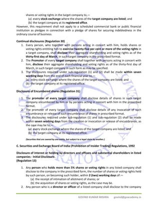 shares or voting rights in the target company to,— 
(a) every stock exchange where the shares of the target company are listed; and 
(b) the target company at its registered office. 
However, this requirement shall not apply to a scheduled commercial bank or public financial 
institution as pledgee in connection with a pledge of shares for securing indebtedness in the 
ordinary course of business. 
Continual disclosures (Regulation 30) 
1. Every person, who together with persons acting in concert with him, holds shares or 
voting rights entitling him to exercise twenty‐five per cent or more of the voting rights in 
a target company, shall disclose their aggregate shareholding and voting rights as of the 
thirty‐first day of March, in such target company in the prescribed format. 
2. The Promoter of every target company shall together with persons acting in concert with 
him, disclose their aggregate shareholding and voting rights as of the thirty‐first day of 
March, in such target company in such form as may be specified. 
3. The disclosures required under sub‐regulation (1) and (2) shall be made within seven 
working days from the end of each financial year to,— 
(a) every stock exchange where the shares of the target company are listed; and 
(b) the target company at its registered office. 
Disclosure of Encumbered shares (Regulation 31) 
1. The promoter of every target company shall disclose details of shares in such target 
company encumbered by him or by persons acting in concert with him in the prescribed 
format. 
2. The promoter of every target company shall disclose details of any invocation of such 
encumbrance or release of such encumbrance of shares in prescribed format. 
3. The disclosures required under sub‐regulation (1) and sub‐regulation (2) shall be made 
within seven working days from the creation or invocation or release of encumbrance, as 
the case may be to,— 
(a) every stock exchange where the shares of the target company are listed; and 
(b) the target company at its registered office. 
(Securities that are owned by one entity, but subject to a legal claim by another.) 
C. Securities and Exchange Board of India (Prohibition of Insider Trading) Regulations, 1992 
Disclosure of interest or holding by directors and officers and substantial shareholders in listed 
companies ‐ Initial Disclosure. 
(Regulation 13) 
1. Any person who holds more than 5% shares or voting rights in any listed company shall 
disclose to the company in the prescribed form, the number of shares or voting rights held 
by such person, on becoming such holder, within 2 (two) working days of:— 
(a) the receipt of intimation of allotment of shares; or 
(b) the acquisition of shares or voting rights, as the case may be. 
2. Any person who is a director or officer of a listed company shall disclose to the company 
GOVIND KUMAR MISHRA govind@goacademy.in 
 
