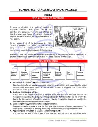 CHAPTER 5 
BOARD EFFECTIVENESS ISSUES AND CHALLENGES 
PART‐1 
WHO ARE BOARD OF DIRECTORS? 
A board of directors is a body of elected or 
appointed members who jointly oversee the 
activities of a company. They are also referred as 
board of governors, board of managers, board of 
regents, board of trustees, or simply referred to as 
"the board". 
As per Section 2(10) of the Companies Act, 2013 
“Board of Directors” or “Board”, in relation to a 
company means the collective body of directors of 
the company appointed to the Board of the Company. 
The board’s role is to provide entrepreneurial leadership of the company within a framework of 
prudent and effective controls which enables risk to be assessed and managed. 
ROLE OF DIRECTORS 
Establish 
Vision & 
Mission 
Strategic 
direction & 
advice 
Overseeing 
Imple-mentation 
Appointment 
& valuating 
CEO and 
senior staff 
1. To establish the Vision & Mission Statement: 
Ensuring 
Stakeholder 
relations 
Risk 
Mitigation 
Procuring 
Resources 
Based on the value of quality, openness, integrity, responsibility and accountability, board 
members and employees should act in the best interest of achieving the organizations 
mission and vision at all times. 
GOVIND KUMAR MISHRA govind@goacademy.in 
2. Strategic Direction and advice: 
Boards are in an excellent position to provide input and advice to the CEO and the top 
management regarding the company’s strategic direction. As the directors are not involved in 
day‐to‐day development of strategy, however, they are in a position to provide an objective 
and detached view of its potential effectiveness. 
3. Overseeing Strategy Implementation and performance: 
Developing a valid strategy is only the first step in creating an effective organization. The 
board plays a crucial role in advising, evaluating and monitoring strategy implementation. 
4. Appointing and evaluation of CEO and Senior management: 
It is the duty as well as the power of the Board to appoint the CEO and other senior 
 