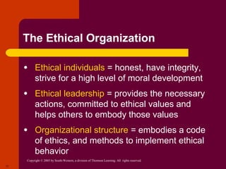Copyright © 2005 by South-Western, a division of Thomson Learning. All rights reserved.
17
The Ethical Organization
● Ethical individuals = honest, have integrity,
strive for a high level of moral development
● Ethical leadership = provides the necessary
actions, committed to ethical values and
helps others to embody those values
● Organizational structure = embodies a code
of ethics, and methods to implement ethical
behavior
 