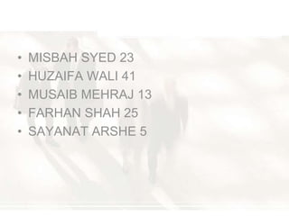 • MISBAH SYED 23
• HUZAIFA WALI 41
• MUSAIB MEHRAJ 13
• FARHAN SHAH 25
• SAYANAT ARSHE 5
 