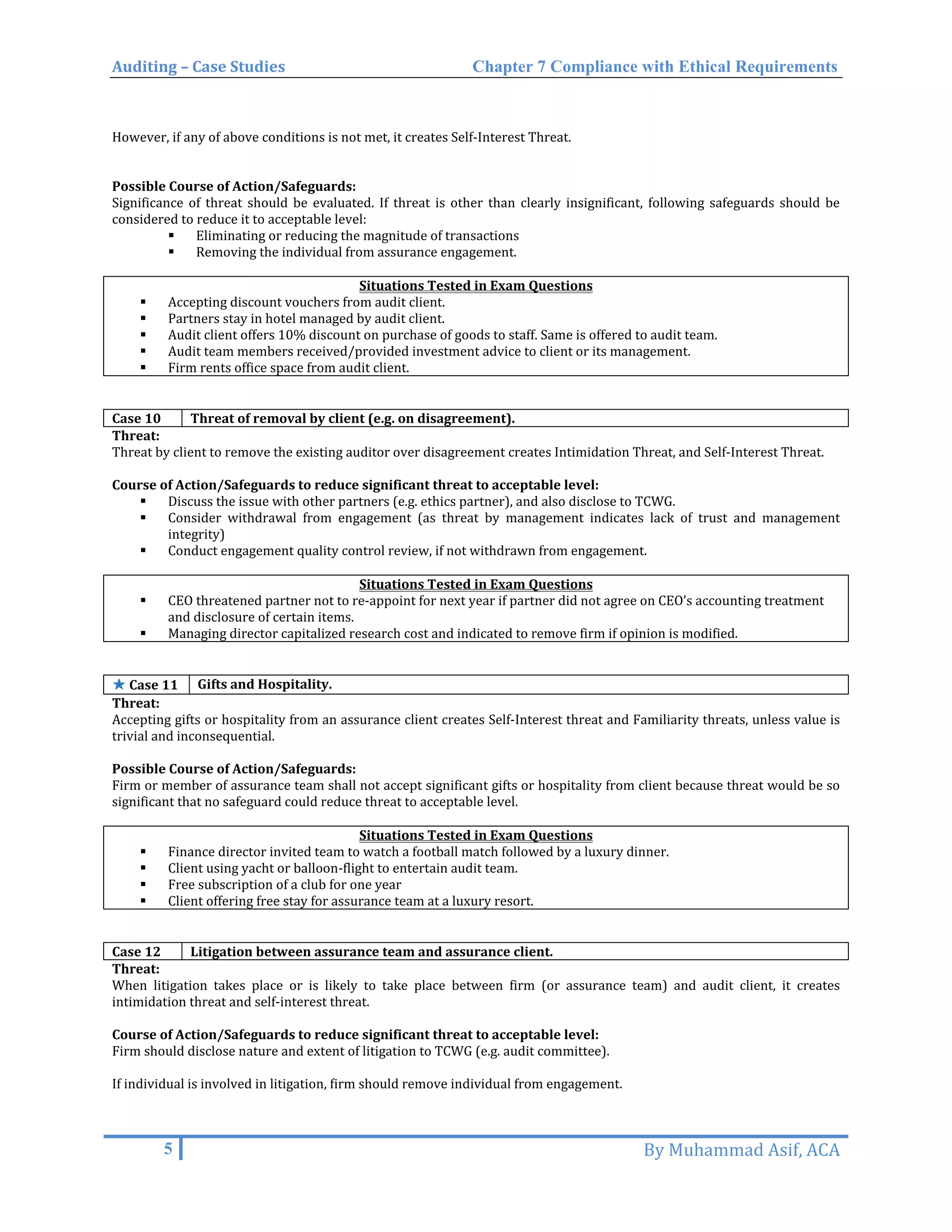 Auditing – Case Studies Chapter 7 Compliance with Ethical Requirements
However, if any of above conditions is not met, it creates Self-Interest Threat.
Possible Course of Action/Safeguards:
Significance of threat should be evaluated. If threat is other than clearly insignificant, following safeguards should be
considered to reduce it to acceptable level:
 Eliminating or reducing the magnitude of transactions
 Removing the individual from assurance engagement.
Situations Tested in Exam Questions
 Accepting discount vouchers from audit client.
 Partners stay in hotel managed by audit client.
 Audit client offers 10% discount on purchase of goods to staff. Same is offered to audit team.
 Audit team members received/provided investment advice to client or its management.
 Firm rents office space from audit client.
Case 10 Threat of removal by client (e.g. on disagreement).
Threat:
Threat by client to remove the existing auditor over disagreement creates Intimidation Threat, and Self-Interest Threat.
Course of Action/Safeguards to reduce significant threat to acceptable level:
 Discuss the issue with other partners (e.g. ethics partner), and also disclose to TCWG.
 Consider withdrawal from engagement (as threat by management indicates lack of trust and management
integrity)
 Conduct engagement quality control review, if not withdrawn from engagement.
Situations Tested in Exam Questions
 CEO threatened partner not to re-appoint for next year if partner did not agree on CEO’s accounting treatment
and disclosure of certain items.
 Managing director capitalized research cost and indicated to remove firm if opinion is modified.
✯✯ Case 11 Gifts and Hospitality.
Threat:
Accepting gifts or hospitality from an assurance client creates Self-Interest threat and Familiarity threats, unless value is
trivial and inconsequential.
Possible Course of Action/Safeguards:
Firm or member of assurance team shall not accept significant gifts or hospitality from client because threat would be so
significant that no safeguard could reduce threat to acceptable level.
Situations Tested in Exam Questions
 Finance director invited team to watch a football match followed by a luxury dinner.
 Client using yacht or balloon-flight to entertain audit team.
 Free subscription of a club for one year
 Client offering free stay for assurance team at a luxury resort.
Case 12 Litigation between assurance team and assurance client.
Threat:
When litigation takes place or is likely to take place between firm (or assurance team) and audit client, it creates
intimidation threat and self-interest threat.
Course of Action/Safeguards to reduce significant threat to acceptable level:
Firm should disclose nature and extent of litigation to TCWG (e.g. audit committee).
If individual is involved in litigation, firm should remove individual from engagement.
5 By Muhammad Asif, ACA
 