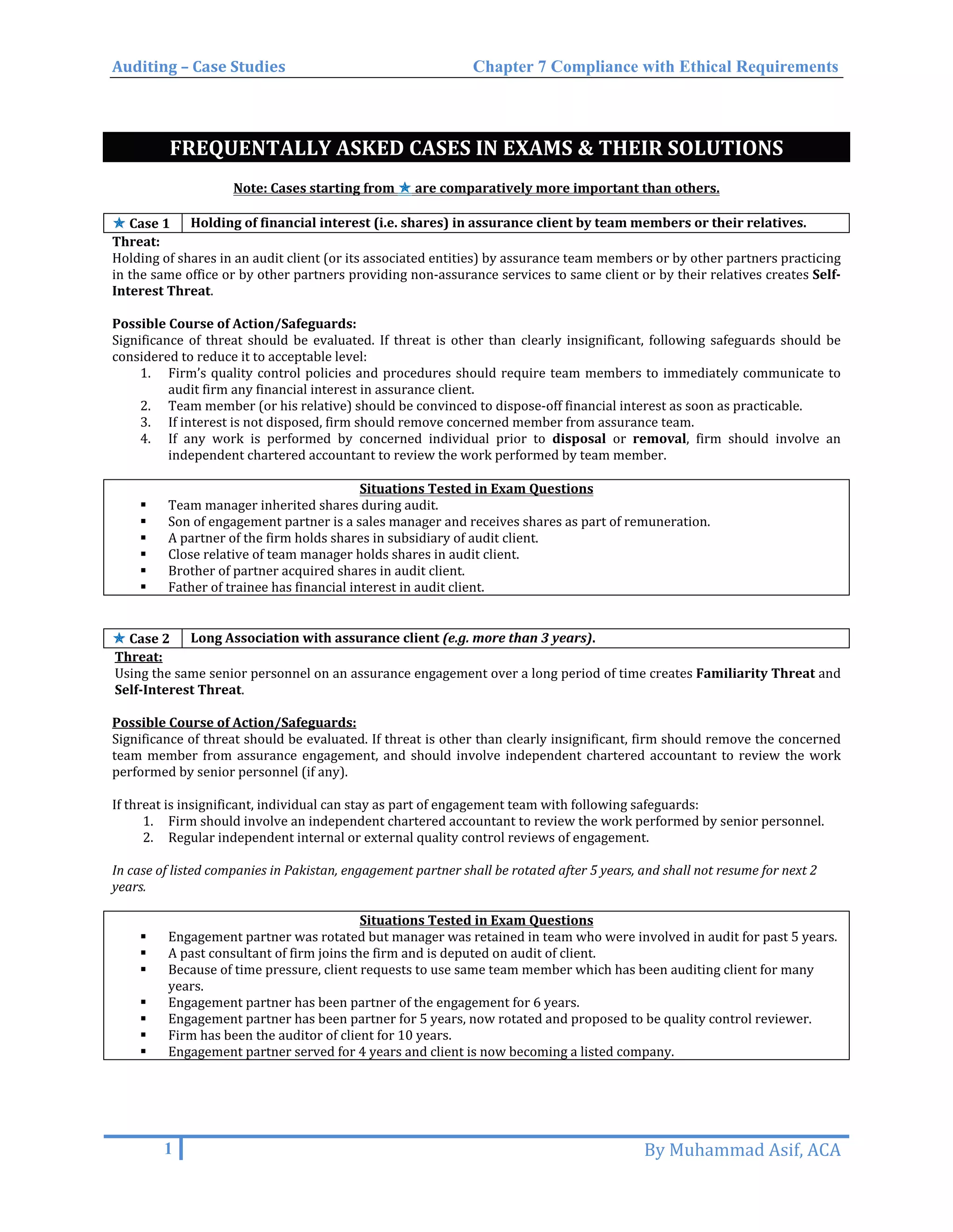 Auditing – Case Studies Chapter 7 Compliance with Ethical Requirements
FREQUENTALLY ASKED CASES IN EXAMS & THEIR SOLUTIONS
Note: Cases starting from ✯✯ are comparatively more important than others.
✯✯ Case 1 Holding of financial interest (i.e. shares) in assurance client by team members or their relatives.
Threat:
Holding of shares in an audit client (or its associated entities) by assurance team members or by other partners practicing
in the same office or by other partners providing non-assurance services to same client or by their relatives creates Self-
Interest Threat.
Possible Course of Action/Safeguards:
Significance of threat should be evaluated. If threat is other than clearly insignificant, following safeguards should be
considered to reduce it to acceptable level:
1. Firm’s quality control policies and procedures should require team members to immediately communicate to
audit firm any financial interest in assurance client.
2. Team member (or his relative) should be convinced to dispose-off financial interest as soon as practicable.
3. If interest is not disposed, firm should remove concerned member from assurance team.
4. If any work is performed by concerned individual prior to disposal or removal, firm should involve an
independent chartered accountant to review the work performed by team member.
Situations Tested in Exam Questions
 Team manager inherited shares during audit.
 Son of engagement partner is a sales manager and receives shares as part of remuneration.
 A partner of the firm holds shares in subsidiary of audit client.
 Close relative of team manager holds shares in audit client.
 Brother of partner acquired shares in audit client.
 Father of trainee has financial interest in audit client.
✯✯ Case 2 Long Association with assurance client (e.g. more than 3 years).
Threat:
Using the same senior personnel on an assurance engagement over a long period of time creates Familiarity Threat and
Self-Interest Threat.
Possible Course of Action/Safeguards:
Significance of threat should be evaluated. If threat is other than clearly insignificant, firm should remove the concerned
team member from assurance engagement, and should involve independent chartered accountant to review the work
performed by senior personnel (if any).
If threat is insignificant, individual can stay as part of engagement team with following safeguards:
1. Firm should involve an independent chartered accountant to review the work performed by senior personnel.
2. Regular independent internal or external quality control reviews of engagement.
In case of listed companies in Pakistan, engagement partner shall be rotated after 5 years, and shall not resume for next 2
years.
Situations Tested in Exam Questions
 Engagement partner was rotated but manager was retained in team who were involved in audit for past 5 years.
 A past consultant of firm joins the firm and is deputed on audit of client.
 Because of time pressure, client requests to use same team member which has been auditing client for many
years.
 Engagement partner has been partner of the engagement for 6 years.
 Engagement partner has been partner for 5 years, now rotated and proposed to be quality control reviewer.
 Firm has been the auditor of client for 10 years.
 Engagement partner served for 4 years and client is now becoming a listed company.
1 By Muhammad Asif, ACA
 