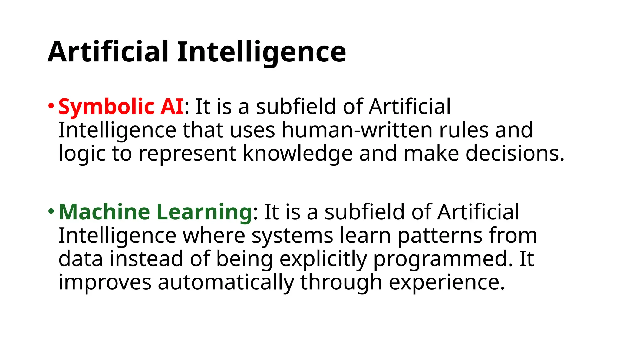 Artificial Intelligence
•Symbolic AI: It is a subfield of Artificial
Intelligence that uses human-written rules and
logic to represent knowledge and make decisions.
•Machine Learning: It is a subfield of Artificial
Intelligence where systems learn patterns from
data instead of being explicitly programmed. It
improves automatically through experience.
 