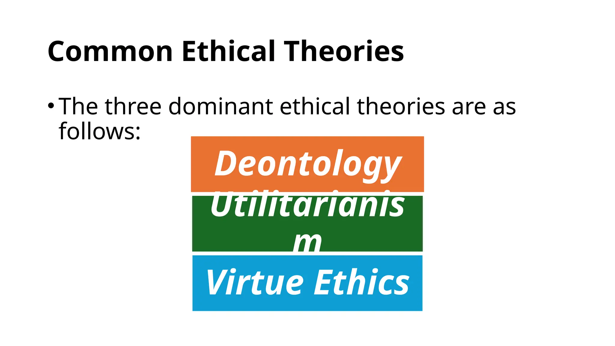 Common Ethical Theories
•The three dominant ethical theories are as
follows:
Deontology
Utilitarianis
m
Virtue Ethics
 