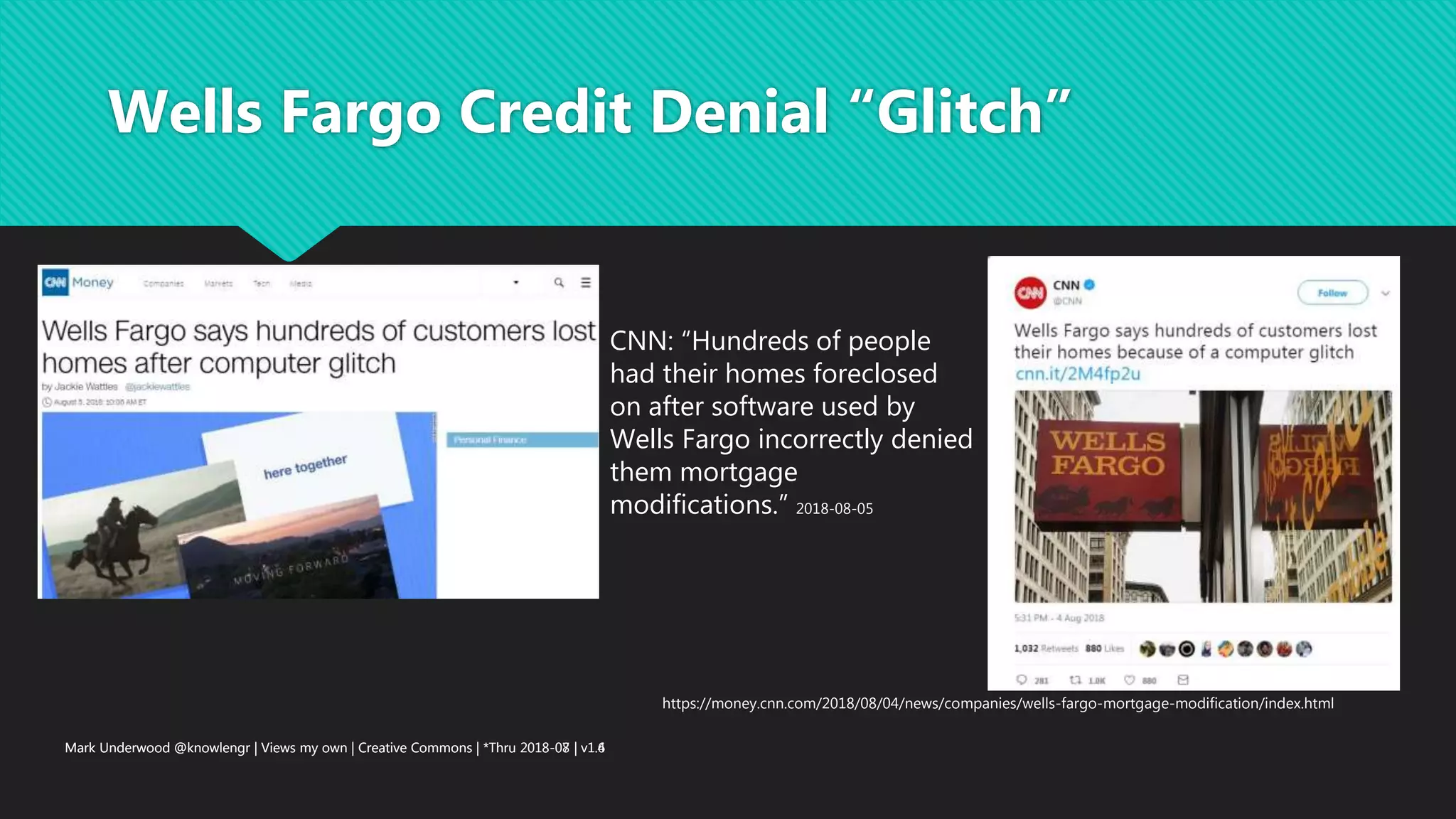 Mark Underwood @knowlengr | Views my own | Creative Commons | *Thru 2018-07 | v1.6
Wells Fargo Credit Denial “Glitch”
Mark Underwood @knowlengr | Views my own | Creative Commons | *Thru 2018-08 | v1.4
CNN: “Hundreds of people
had their homes foreclosed
on after software used by
Wells Fargo incorrectly denied
them mortgage
modifications.” 2018-08-05
https://money.cnn.com/2018/08/04/news/companies/wells-fargo-mortgage-modification/index.html
 