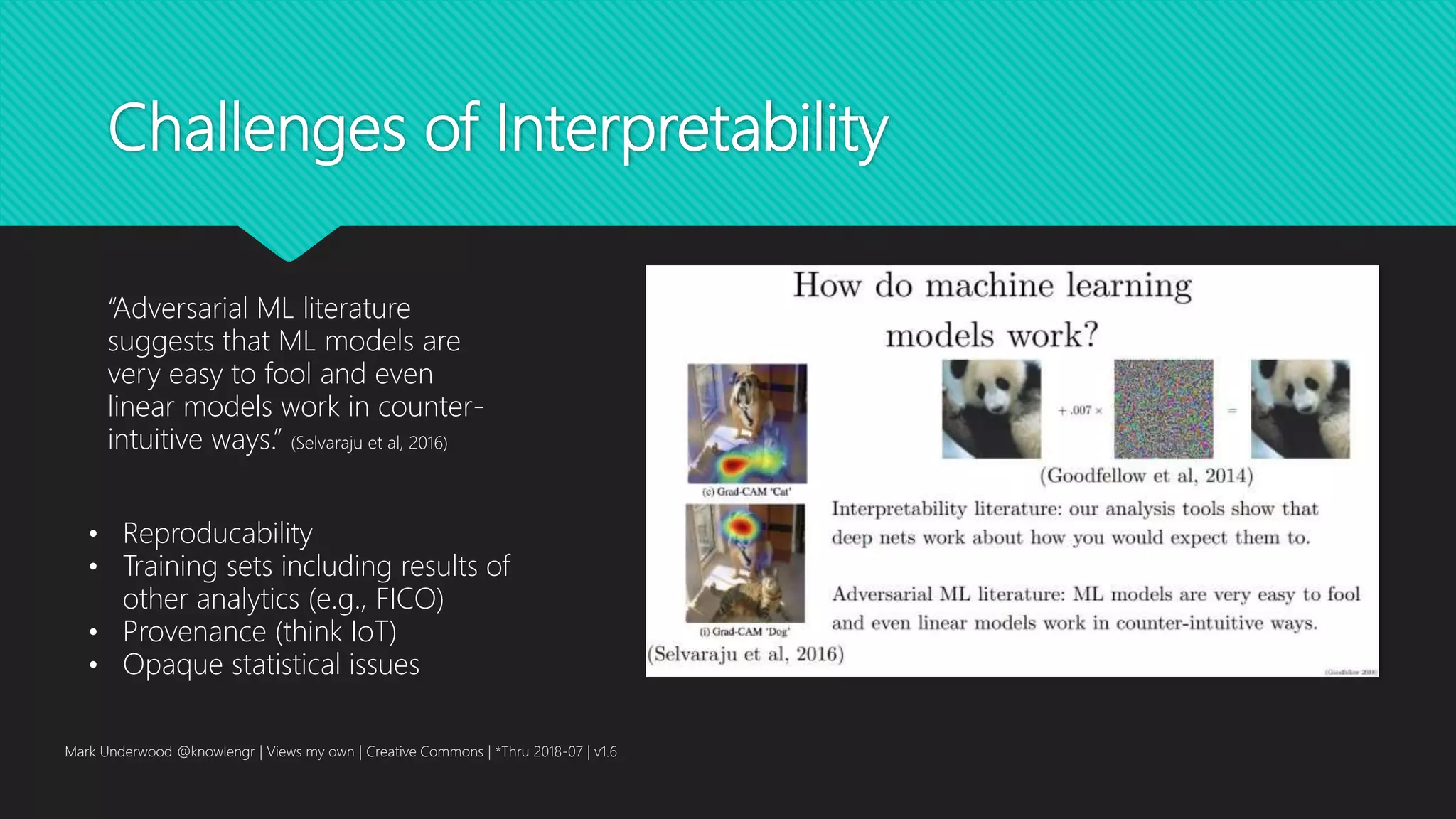Challenges of Interpretability
Mark Underwood @knowlengr | Views my own | Creative Commons | *Thru 2018-07 | v1.6
“Adversarial ML literature
suggests that ML models are
very easy to fool and even
linear models work in counter-
intuitive ways.” (Selvaraju et al, 2016)
• Reproducability
• Training sets including results of
other analytics (e.g., FICO)
• Provenance (think IoT)
• Opaque statistical issues
 