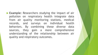  Example: Researchers studying the impact of air
pollution on respiratory health integrate data
from air quality monitoring stations, medical
records, and surveys on individual health
behaviors. By combining these diverse data
sources, they gain a more comprehensive
understanding of the relationship between air
quality and respiratory outcomes.
 