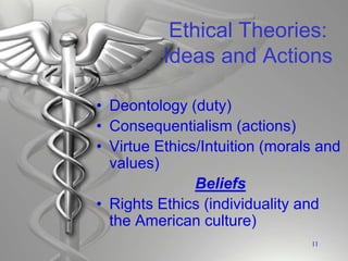 Ethical Theories:
Ideas and Actions
• Deontology (duty)
• Consequentialism (actions)
• Virtue Ethics/Intuition (morals and
values)
Beliefs
• Rights Ethics (individuality and
the American culture)
11
 