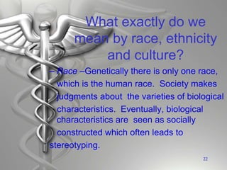 What exactly do we
mean by race, ethnicity
and culture?
– Race –Genetically there is only one race,
which is the human race. Society makes
judgments about the varieties of biological
characteristics. Eventually, biological
characteristics are seen as socially
constructed which often leads to
stereotyping.
22
 