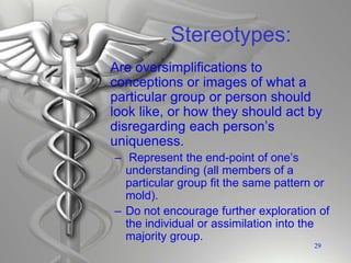 Stereotypes:
Are oversimplifications to
conceptions or images of what a
particular group or person should
look like, or how they should act by
disregarding each person’s
uniqueness.
– Represent the end-point of one’s
understanding (all members of a
particular group fit the same pattern or
mold).
– Do not encourage further exploration of
the individual or assimilation into the
majority group.
29
 