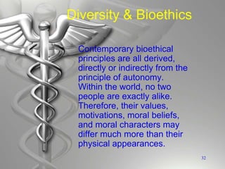Diversity & Bioethics
Contemporary bioethical
principles are all derived,
directly or indirectly from the
principle of autonomy.
Within the world, no two
people are exactly alike.
Therefore, their values,
motivations, moral beliefs,
and moral characters may
differ much more than their
physical appearances.
32
 