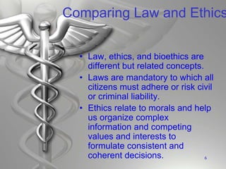 Comparing Law and Ethics
• Law, ethics, and bioethics are
different but related concepts.
• Laws are mandatory to which all
citizens must adhere or risk civil
or criminal liability.
• Ethics relate to morals and help
us organize complex
information and competing
values and interests to
formulate consistent and
coherent decisions. 6
 