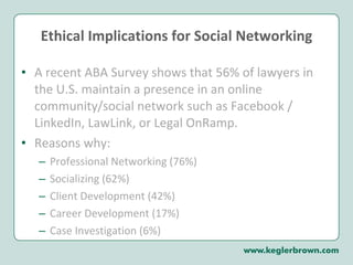 Ethical Implications for Social Networking A recent ABA Survey shows that 56% of lawyers in the U.S. maintain a presence in an online community/social network such as Facebook / LinkedIn, LawLink, or Legal OnRamp.  Reasons why:  Professional Networking (76%) Socializing (62%) Client Development (42%) Career Development (17%) Case Investigation (6%) 