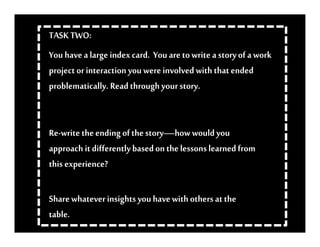 TASK TWO:
You have a large index card. You are to write a story of a work
project or interaction you were involved with that ended
problematically. Read through your story.


Re-write the ending of the story—how would you
approach it differently based on the lessons learned from
this experience?

Share whatever insights you have with others at the
table.
 