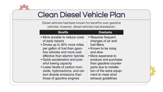 Clean Diesel Vehicle Plan
Diesel vehicles had been known for benefits over gasoline
vehicles, however, diesel vehicles had drawbacks:
 