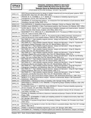 PESQUISA, DESENVOLVIMENTO E INOVAÇÃO
 EThICS                                    TEMAS SOBRE METODOLOGIA DE PDI & GSP
ENGINEERING
                                       Relação Geral de Referências Bibliográficas
                          <EThICS 039.B01.02_PDI & GSP_Ref Bibliog> - 29/10/2011- Pág. 16 de 22

               IEEE Recommended practice for design of reliable industrial and commercial power systems. IEEE
[IEEE_01]
               Std 493-2007. New York, NY: IEEE, 2007. 383 p.
               IRESON, W. G.; COOMBS Jr., C. F.; MOSS, R. Y. Handbook of reliability engineering and
[IRES_01]
               management. 2nd ed. USA: McGraw-Hill, 1996.
               ISERMANN, R. Fault-diagnosis systems - an introduction from fault detection to fault tolerance. Berlin
[ISER_01]
               Heidelberg: Springer-Verlag, 2006. 475 p.
[KOLO_01]      KOLOWROSCKI, K. Reliability of large systems. Kidlington, Oxford, uk: Elsevier, 2004. 359 p.
[KORE_01]      KOREN, Israel; KRISHNA, C. Mani. Fault-tolerant systems. San Francisco, CA: Elsevier, 2007. 378 p.
               LEVIN, Mark A.; KALAL, Ted T. Improving product reliability: strategies and implementation. Southern
[LEVI_01]
               Gate, Chicester, West Sussex, England: John Wiley, 2003. 313 p.
               McDERMOTT, R. E.; MIKULAK, R. J,; BEAUREGARD, M. R. The basics of FMEA. 2nd ed. New
[McDER_01]
               York, NY: Taylor & Francis, 2009. 91 p.
               McDONALD, M.; MUSSON, R.; Smith, R. The practical guide to defect prevention: techniques to
[McDON_01]
               meet the demand for more-reliable software. Redmont, WA: Microsoft Press, 2008. 448 p.
               McLYMAN, W. T. High reliability magnetic devices - design and fabrication - Chap 00. New York, NY:
[McLY_00]
               Marcel Dekker, 2002. 21 p.
               McLYMAN, W. T. High reliability magnetic devices - design and fabrication - Chap 01: Transformer
[McLY_01]
               and Inductor Design Philosophy. New York, NY: Marcel Dekker, 2002. 21 p.
               McLYMAN, W. T. High reliability magnetic devices - design and fabrication - Chap 02: Magnetic
[McLY_02]
               Materials. New York, NY: Marcel Dekker, 2002. 21 p.
               McLYMAN, W. T. High reliability magnetic devices - design and fabrication - Chap 03: Magnetic
[McLY_03]
               Cores. New York, NY: Marcel Dekker, 2002. 21 p.
               McLYMAN, W. T. High reliability magnetic devices - design and fabrication - Chap 04: Window
[McLY_04]
               Utilization, Magnet Wire, and Insulation. New York, NY: Marcel Dekker, 2002. 21 p.
               McLYMAN, W. T. High reliability magnetic devices - design and fabrication - Chap 05: Coil Winding
[McLY_05]
               Layer, Foil, and Toroidal. New York, NY: Marcel Dekker, 2002. 21 p.
               McLYMAN, W. T. High reliability magnetic devices - design and fabrication - Chap 06: Soldering and
[McLY_06]
               Magnet Wire Terminations. New York, NY: Marcel Dekker, 2002. 21 p.
               McLYMAN, W. T. High reliability magnetic devices - design and fabrication - Chap 07: Packaging,
[McLY_07]
               Enclosures, Mounts, and Headers. New York, NY: Marcel Dekker, 2002. 21 p.
               McLYMAN, W. T. High reliability magnetic devices - design and fabrication - Chap 08: Polymeric
[McLY_08]
               Impregnate, Embedment, and Adhesives. New York, NY: Marcel Dekker, 2002. 21 p.
               McLYMAN, W. T. High reliability magnetic devices - design and fabrication - Chap 09: High Voltage
[McLY_09]
               Design Guidelines. New York, NY: Marcel Dekker, 2002. 21 p.
               McLYMAN, W. T. High reliability magnetic devices - design and fabrication - Chap 10: Testing,
[McLY_10]
               Evaluation, and Quality Assurance. New York, NY: Marcel Dekker, 2002. 21 p.
[MOBL_01]      MOBLEY, R. K. Root cause failure analysis. Woburn, MA: Butterworth-Heinemann, 1999. 325 p.
               MOBLEY, R. K. Root cause failure analysis - Vibration fundamentals. Woburn, MA: Butterworth-
[MOBL_02]
               Heinemann, 1999. 302 p.
[NAKA_01]      NAKAGAWA, T. Maintenance theory of reliability. USA: Springer-Verlag, 2005. 269 p.
               NIKOLAIDIS, E.; GHIOCEL, D. M.; SINGHAL, S. Engineering design reliability handbook. USA: CRC
[NIKO_01]
               Books, 2005.474 p.
               O´CONNOR, Patrick D. T.; NEWTON, David; BROMLEY, Richard. Practical reliability engineering.
[OCON_01]
               4th ed. Chicester, UK: John Wiley, May 2008. 513 p.
               O´CONNOR, Patrick D. T. Practical reliability engineering: solutions manual. 4th ed. Chicester, UK:
[OCON_02]
               John Wiley, Feb 2008. 75 p.
               OHRING, M. Reliability and failure of electronic materials and devices. Chestnut Hill, MA: Academic
[OHRI_01]
               Press, 1998.
               PERKINS, A.; SITARAMAN, S. Solder joint reliability prediction for multiple environments. New York,
[PERK_01]
               NY: Springer, 2009. 202 p.
               PETROSKI, H. Success through failure: the paradox of design. Princeton, NJ: Princeton Univ Press,
[PETR_01]
               2006. 235 p.
               PETROSKI, H. To engineer is human: the role of failure in successful design. New York, NY: Vontage
[PETR_02]
               Books, 1992. 251 p.
[PHAM_01]      PHAM, H. Handbook of reliability engineering. London, UK: Springer, 2003. 696 p.
[SHOO_01]      SHOOMAN, M. L. Reliability of computer systems and networks: fault tolerance, analysis, and design.

Outubro- 2011 - Autor: Antonio Sallum Librelato – EThICS Engineering
 