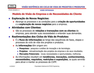 VISÃO SISTÊMICA DO CICLO DE VIDA DE PROJETOS E PRODUTOS
EThICS
ENGINEERING
EThICS 039.BC01.11
Modelo de Visão da Empresa e de Necessidades do Cliente
Exploração de Novos Negócios:
Abrange os processos e as condições para a criação de oportunidades
e a exploração de novos negócios para a empresa.
Atividades com Clientes:
São os processos de relações e transações com os clientes da
empresa, para atender suas necessidades e entender suas demandas.
Realimentações dos Ciclos de Vida de Produtos:
VISÃO INTEGRADA
Realimentações dos Ciclos de Vida de Produtos:
É o fluxo de informações ao longo das sequências de fases, etapas e
processos do ciclo de vida dos projetos e produtos.
As informações têm origem em:
Pesquisas: pesquisa e análise de inovação e de tecnologia.
Projetos: retroalimentação dos projetos da empresa e de seus resultados.
Mercados Potenciais: novas necessidades e oportunidades; melhorias.
As informações resultam em tendências, inovações, conhecimentos,
necessidades, requisitos, restrições e suposições, os quais servirão
para ativar e manter os processos do CVPP.
Propriedade Intelectual de EThICS Engineering 1211/5/2013
 
