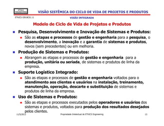 VISÃO SISTÊMICA DO CICLO DE VIDA DE PROJETOS E PRODUTOS
EThICS
ENGINEERING
EThICS 039.BC01.11
Modelo de Ciclo de Vida de Projetos e Produtos
Pesquisa, Desenvolvimento e Inovação de Sistemas e Produtos:
São as etapas e processos de gestão e engenharia para a pesquisa, o
desenvolvimento, a inovação e a garantia de sistemas e produtos,
novos (sem precedentes) ou em melhoria.
Produção de Sistemas e Produtos:
Abrangem as etapas e processos de gestão e engenharia para a
produção, unitária ou seriada, de sistemas e produtos de linha da
VISÃO INTEGRADA
produção, unitária ou seriada, de sistemas e produtos de linha da
empresa.
Suporte Logístico Integrado:
São as etapas e processos de gestão e engenharia voltados para o
atendimento aos clientes e usuários na instalação, treinamento,
manutenção, operação, descarte e substituição de sistemas e
produtos de linha da empresa.
Uso de Sistemas e Produtos:
São as etapas e processos executados pelos operadores e usuários dos
sistemas e produtos, voltados para produção dos resultados desejados
pelos clientes.
Propriedade Intelectual de EThICS Engineering 1311/5/2013
 