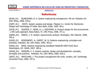 VISÃO SISTÊMICA DO CICLO DE VIDA DE PROJETOS E PRODUTOS
EThICS
ENGINEERING
EThICS 039.BC01.11
Referências
[BLAN_01] BLANCHARD, B. S. System engineering management. 4th ed. Hoboken NJ:
John Wiley, 2008. 539 p.
[CEDT_01] CEDTI. System analysis and design. Module 2.1. Centre for Electronics
Design and Technology of India. New Delhi, India: 1999. 48 p.
[GIUD_01] GIUDICE, F.; ROSA, G. L.; RISITANO, A. Product design for the environment
- a life cycle approach. Boca Raton, FL: CRC Press, 2006. 471 p.
[GRAD_01] GRADY, J. O. System requirements analysis. Burlington, MA: Elsevier, 2006.
455 p.
APÊNDICES
455 p.
[KOSS_01] KOSSIAKOFF, A.; SWEET, W. N. Systems engineering: principles and
practices. Hoboken, NJ: John Wiley, 2003. 463 p.
[NASA_01] NASA. Systems engineering handbook NASA/SP-2007-6105 Rev1.
Washington, DC: NASA, 2007. 360 p.
[WASS_01] WASSON, C. S. System analysis, design and development: concepts,
principles and practices.. Hoboken, NJ: John Wiley, 2006. 818 p.
[WEST_01] WESTLAND, J. The project management life cycle. London, UK: Cambridge
University Press, 2006. 257 p.
Intellectual Property of EThICS Engineering 1411/5/2013
 