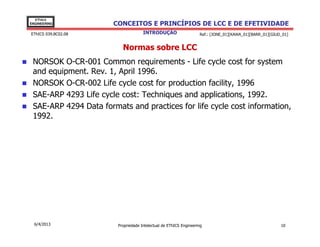 EThICS
ENGINEERING            CONCEITOS E PRINCÍPIOS DE LCC E DE EFETIVIDADE
EThICS 039.BC02.08                   INTRODUÇÃO                    Ref.: [JONE_01][KAWA_01][BARR_01][GIUD_01]


                          Normas sobre LCC
 NORSOK O-CR-001 Common requirements - Life cycle cost for system
 and equipment. Rev. 1, April 1996.
 NORSOK O-CR-002 Life cycle cost for production facility, 1996
 SAE-ARP 4293 Life cycle cost: Techniques and applications, 1992.
 SAE-ARP 4294 Data formats and practices for life cycle cost information,
 1992.




  6/4/2013              Propriedade Intelectual de EThICS Engineering                                    10
 