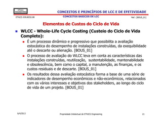 EThICS
ENGINEERING                     CONCEITOS E PRINCÍPIOS DE LCC E DE EFETIVIDADE
EThICS 039.BC02.08                  CONCEITOS BÁSICOS DE LCC                     Ref.: [BOUS_01]


                       Elementos de Custos do Ciclo de Vida
     WLCC - Whole-Life Cycle Costing (Custeio do Ciclo de Vida
     Completo):
              É um processo dinâmico e progressivo que possibilita a avaliação
              estocástica do desempenho de instalações construídas, da exequibilidade
              até o descarte ou alienação. [BOUS_01]
              O processo de avaliação do WLCC leva em conta as características das
              instalações construídas, reutilização, sustentabilidade, mantenabilidade
              e obsolescência, bem como o capital, a manutenção, as finanças, e os
              custos residuais e de descarte. [BOUS_01]
              Os resultados dessa avaliação estocástica forma a base de uma série de
              indicadores de desempenho econômicos e não-econômicos, relacionados
              com os vários interesses e objetivos dos stakeholders, ao longo do ciclo
              de vida de um projeto. [BOUS_01]




  6/4/2013                       Propriedade Intelectual de EThICS Engineering             21
 