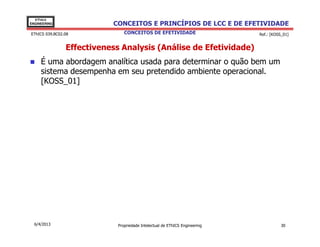 EThICS
ENGINEERING                CONCEITOS E PRINCÍPIOS DE LCC E DE EFETIVIDADE
EThICS 039.BC02.08              CONCEITOS DE EFETIVIDADE                     Ref.: [KOSS_01]


                Effectiveness Analysis (Análise de Efetividade)
     É uma abordagem analítica usada para determinar o quão bem um
     sistema desempenha em seu pretendido ambiente operacional.
     [KOSS_01]




  6/4/2013                   Propriedade Intelectual de EThICS Engineering              30
 
