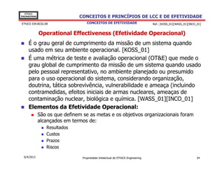EThICS
ENGINEERING                    CONCEITOS E PRINCÍPIOS DE LCC E DE EFETIVIDADE
EThICS 039.BC02.08                  CONCEITOS DE EFETIVIDADE                     Ref.: [KOSS_01][WASS_01][INCO_01]


              Operational Effectiveness (Efetividade Operacional)
     É o grau geral de cumprimento da missão de um sistema quando
     usado em seu ambiente operacional. [KOSS_01]
     É uma métrica de teste e avaliação operacional (OT&E) que mede o
     grau global de cumprimento da missão de um sistema quando usado
     pelo pessoal representativo, no ambiente planejado ou presumido
     para o uso operacional do sistema, considerando organização,
     doutrina, tática sobrevivência, vulnerabilidade e ameaça (incluindo
     contramedidas, efeitos iniciais de armas nucleares, ameaças de
     contaminação nuclear, biológica e química. [WASS_01][INCO_01]
     Elementos da Efetividade Operacional:
              São os que definem se as metas e os objetivos organizacionais foram
              alcançados em termos de:
                 Resultados
                 Custos
                 Prazos
                 Riscos

  6/4/2013                       Propriedade Intelectual de EThICS Engineering                                 34
 
