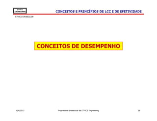 EThICS
ENGINEERING               CONCEITOS E PRINCÍPIOS DE LCC E DE EFETIVIDADE
EThICS 039.BC02.08




                     CONCEITOS DE DESEMPENHO




 6/4/2013                  Propriedade Intelectual de EThICS Engineering   39
 