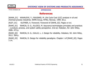 EThICS
ENGINEERING

SYSTEMIC VIEW OF SYSTEMS AND PRODUCTS ASSURANCE

EThICS 039.BG01E.09

APPENDICES

References
[EE_903.026.00] LIBRELATO, A. C. EThICS 903.026.00 Planejamento Estratégico Conceitos Gerais. Julho, 2006. 28 p.
[KAWA_01] KAWAUCHI, Y.; RAUSAND, M. Life Cycle Cost (LCC) analysis in oil and
chemical process industries. RAMS Group, NTNU, Norway. 1999. 82 p.
[KLEY_01]

KLEYNER, A. Foreword. Foreword of [RAHE_02]. Pages xv-xvi.

[RAHE_01] RAHEJA, D. G.; ALLOCO, M. Assurance technologies principles and practices
- a product, process, and system safety perspective. 2nd ed. Hoboken, NJ: John Wiley,
2006. 472 p.
[RAHE_02] RAHEJA, D. G.; GULLO, L. J. Design for reliability. Hoboken, NJ: John Wiley,
2012. 308 p.
[RAHE_03]
1-14.

RAHEJA, D. Design for reliability paradigms. Chapter 1 of [RAHE_02]. Pages

[SAVA_01]
SAVAGE, S. L. The flaw of the averages: why we underestimate risk in the
face of uncertainty. Hoboken, NJ: John Wiley, 2009. 392 p.

30/11/2013

Intellectual Property of EThICS Engineering

53

 